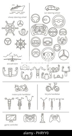 Attrezzature per il trasporto gruppo di trascinamento. Casco, timone, ruote sterzanti linea sottile icone. Illustrazione Vettoriale Illustrazione Vettoriale