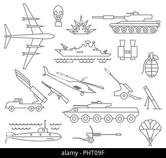 Icona militare set. Linea sottile design. Illustrazione Vettoriale Illustrazione Vettoriale