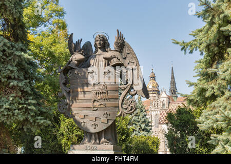 Statua di bronzo del Kosice stemma, è la più antica e sempre prima la urban stemma in Europa, 1369. Kosice è la più grande città dell est Sl Foto Stock