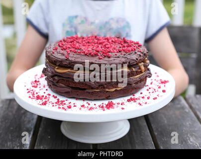 Il cioccolato a strati di pan di Spagna con la ganache e salsa di caramello. Foto Stock