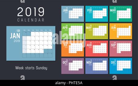 Anno 2019 calendario colorate, settimane inizio Domenica - template vettoriale. Illustrazione Vettoriale