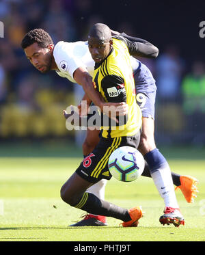 Tottenham Hotspur di Mousa Dembele (sinistra) e Watford's Abdoulaye Doucoure battaglia per la palla durante il match di Premier League a Vicarage Road, Watford. Foto Stock