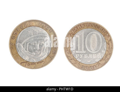 Set di commemorativo per l'URSS moneta, valore nominale di 10 ruble.Dal 2001, mostra Yuri Gagarin (1934-1968), cosmonauta russo. Nel 1961 ha realizzato il fi Foto Stock