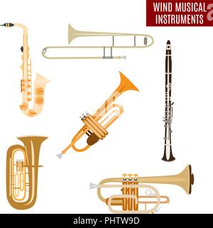 Set di vettore di vento strumenti musicali isolati su sfondo bianco Illustrazione Vettoriale