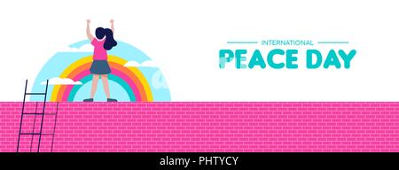 La pace internazionale giorno banner web illustrazione, mondo bambini il concetto di libertà. Libera ragazza celebrando in arcobaleno sullo sfondo del cielo. EPS10 vettore. Illustrazione Vettoriale