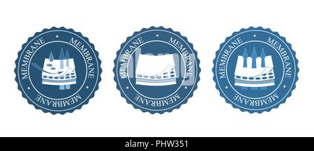 Tessuto a membrana segno. Set di vettore. Materiali stratificati. Traspirante, impermeabile e antivento. Vettore forma rotonda icona illustrazione isolato su bianco Illustrazione Vettoriale