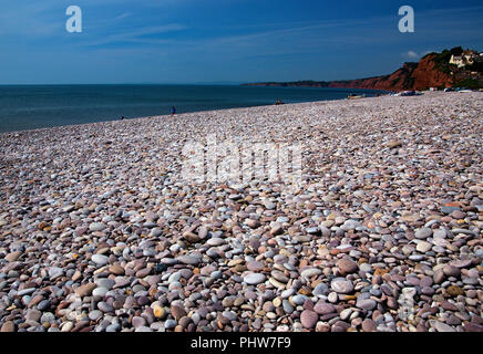 Il faggio di ghiaia a Sidmouth streatches forever fino alle scogliere rosse nella baia. Foto Stock