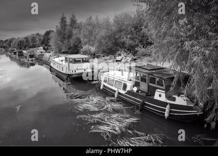 Fiume barche ormeggiate e double ormeggiato a Sawbridgeworth sul fiume Stort, in un veloce che scorre il fiume. Foto Stock