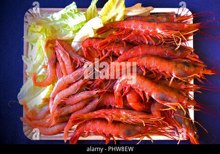 Scampi rosso verde con foglie di insalata su lastra d'argento, macro Foto Stock