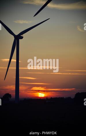 Le turbine eoliche in silhouette su terreni agricoli al tramonto, Cresent le Marsh, Lincolnshire, Regno Unito Foto Stock