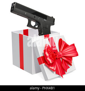 Concetto di dono, la pistola all'interno della confezione regalo. 3D rendering isolati su sfondo bianco Foto Stock