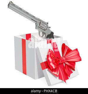 Concetto di dono, revolver all'interno di confezione regalo. 3D rendering isolati su sfondo bianco Foto Stock