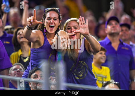 Arlington, Texas, Stati Uniti d'America. 02Sep, 2018. La LSU ventole celebrare durante la prima metà del NCAA Advocare classica partita di calcio tra la University of Miami Hurricanes e l'Università dello stato della Louisiana Tigers di AT&T Stadium di Arlington, Texas. Michael Dorn/CSM/Alamy Live News Foto Stock