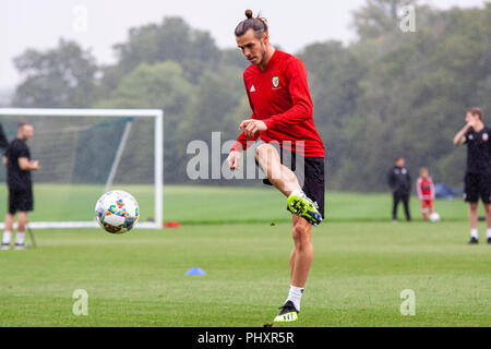 Hensol, Cardiff, Galles. Il 3 settembre, 2018. Il Galles in avanti Gareth Bale treni a Hensol Castle in preparazione per le loro nazioni League contro l'Irlanda e Danimarca. Lewis Mitchell/YCPD. Credito: Lewis Mitchell/Alamy Live News Foto Stock