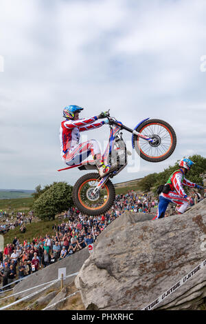 Silsden, UK. Il 2 settembre 2018. I migliori piloti internazionali contest il round britannico del mondo Prove GP. Risultati - in primo luogo - Toni Bou. Secondo - Adam Raga. Terzo - Miquel Gelabert. Quarto - Takahisa Fujinami. Credito: RHB/Alamy Live News Foto Stock