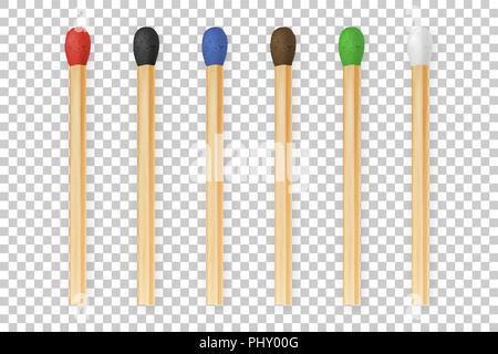Vector realistico 3d match colorati stick icon set, closeup isolata sulla griglia di trasparenza dello sfondo. Testa di colore rosso, nero, blu, marrone, verde, bianco. Modello di progetto, clipart per la grafica Illustrazione Vettoriale
