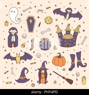 Vettore set di Halloween con zucche, fantasmi, vampiri, streghe, cappello, ginestra, calderone, casa, pipistrelli, di ossa e di teschi e di cereali caramellati nel disegno stile. Disegnare a mano Illustrazione Vettoriale