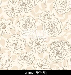 Vector seamless pattern con giglio, crisantemo, camelie, peonia e rose fiori line art sullo sfondo beige. Disegnata a mano con motivi floreali ornamento di ripetizione Illustrazione Vettoriale