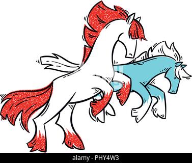 Abstract cartoon cavalli in piedi su due gambe e galoppo. Vector clip art illustrazione per stampe, design, libri da colorare e pagine, carte. Illustrazione Vettoriale