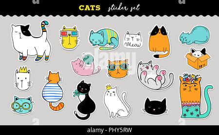 Gatti simpatici e divertenti sticker collection. Vettore disegnati a mano illustrazioni Illustrazione Vettoriale