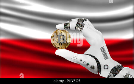 Crypto bitcoin valuta in mano al robot, il concetto di intelligenza artificiale, sfondo bandiera della Polonia Foto Stock