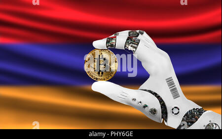 Crypto bitcoin valuta in mano al robot, il concetto di intelligenza artificiale, sfondo bandiera di Armenia Foto Stock