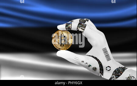 Crypto bitcoin valuta in mano al robot, il concetto di intelligenza artificiale, sfondo bandiera dell'Estonia Foto Stock