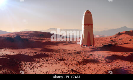 Paesaggio sul pianeta Marte, astronave atterraggio sul pianeta rosso la superficie (3d space illustrazione) Foto Stock