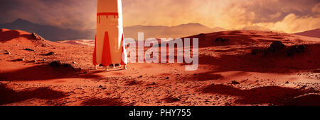 Paesaggio sul pianeta Marte, astronave atterraggio sul pianeta rosso la superficie (3d'illustrazione dello spazio banner) Foto Stock