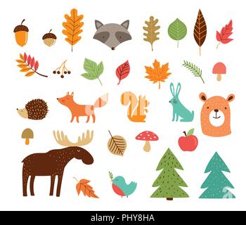 Ciao Autunno, caduta stagione raccolta di animali della foresta, gli elementi e le illustrazioni, adesivi, icone Illustrazione Vettoriale
