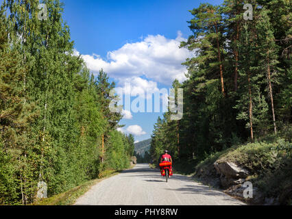 Un ciclista viaggia cavalca un percorso ciclabile lungo la panoramica strada di ghiaia nel sud della Norvegia Foto Stock