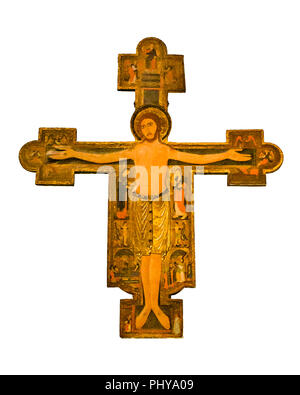 Stile gotico di scultura in legno di Gesù Cristo isolato su sfondo bianco Foto Stock