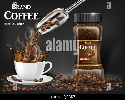 Nero caffè istantaneo cup con spruzzi e fagioli annunci. 3d illustrazione di calda tazza di caffè. Il design di prodotto con sfondo bokeh di fondo. Vettore Illustrazione Vettoriale