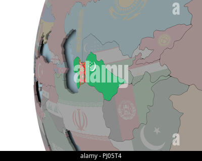 Turkmenistan con embedded bandiera sul globo politico. 3D'illustrazione. Foto Stock