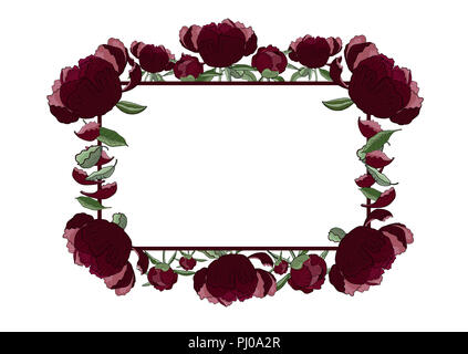 Floral telaio rettangolare di colore rosso scuro peonia fiori e boccioli e foglie con copia spazio. Design romantico, annunci di matrimoni, biglietti di auguri, poster, Foto Stock