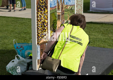 Concorrente femmina nella medicazione bene la concorrenza esamina attentamente petali di fiori in artwork display - RHS Chatsworth Flower Show, Derbyshire, England, Regno Unito Foto Stock