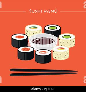 Menu Sushi set di tipi diversi con bacchette e salsa di soia illustrazione vettoriale EPS10 Illustrazione Vettoriale