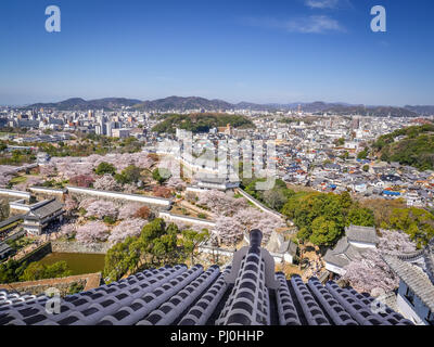 Vista aerea della città di Himeji da Himeji Castil in fiore di ciliegio stagione. Foto Stock