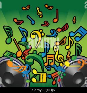 Le note musicali battenti fuori dagli altoparlanti - Abstract colorato concetto musicale Background Design in formato vettoriale modificabile Illustrazione Vettoriale