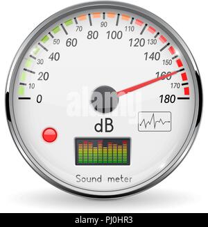 Indicatore di decibel. Unità di volume sul livello di alta. Indicatore di vetro con telaio cromato Illustrazione Vettoriale