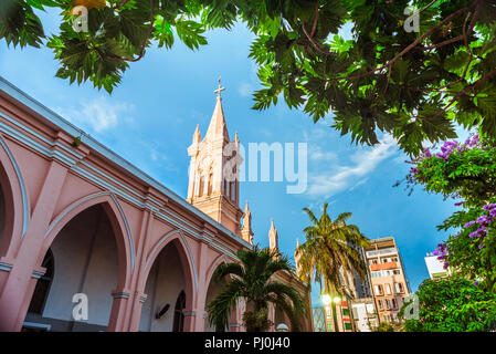 Da Nang Cattedrale e bellissima vegetazione tropicale contro il cielo blu. Questo è uno dei principali architettoniche attrazioni turistiche di Danang City. Foto Stock