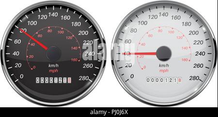 Il tachimetro set. Chilometri e chilometri. Nero e bianco auto indicatori di livello cruscotto Illustrazione Vettoriale