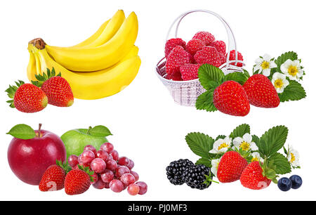 Mele, banane e la raccolta dei frutti di bosco freschi isolato su bianco Foto Stock