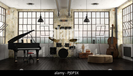 Grand piano,tamburi e contrabbasso in un loft - 3d rendering Foto Stock