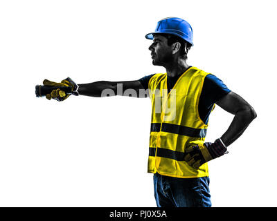 Un lavoratore edile segnalazione con torcia elettrica silhouette isolato in uno sfondo bianco Foto Stock