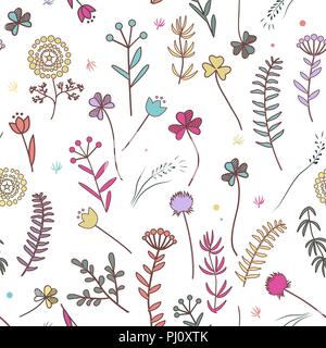 Autunno fiori seamless pattern. Doodle fiori selvatici, seamless pattern con dipinti di piante di campo, ornamento di erbe, botanico illustrazione nel vintage s Illustrazione Vettoriale