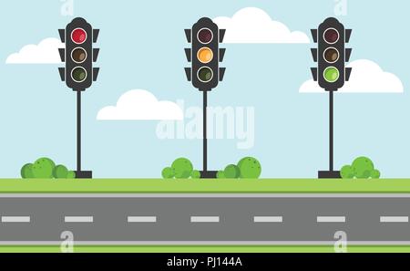 Impostare il traffico di segnale luminoso con il rosso, il verde e il giallo il colore, design piatto ed il vettore di icona della spia del traffico Illustrazione Vettoriale