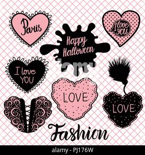 Happy Halloween design. Set di cuori disegnare a mano. Illustrazione di vettore isolato su sfondo bianco. Pink fishnet collant seamless pattern. Illustrazione Vettoriale