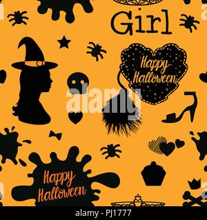 Modello senza giunture happy Halloween design. Illustrazione Vettoriale su uno sfondo arancione. Illustrazione Vettoriale
