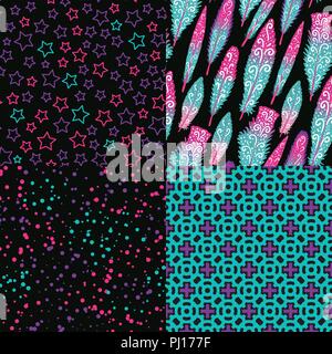 Impostare Seamless pattern. Dark moderno design luminoso Abstract star, piume, croce. Illustrazione Vettoriale è isolato su uno sfondo nero. Illustrazione Vettoriale